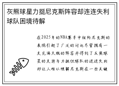灰熊球星力挺尼克斯阵容却连连失利球队困境待解