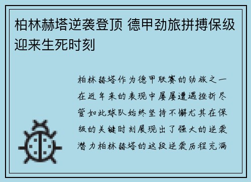 柏林赫塔逆袭登顶 德甲劲旅拼搏保级迎来生死时刻